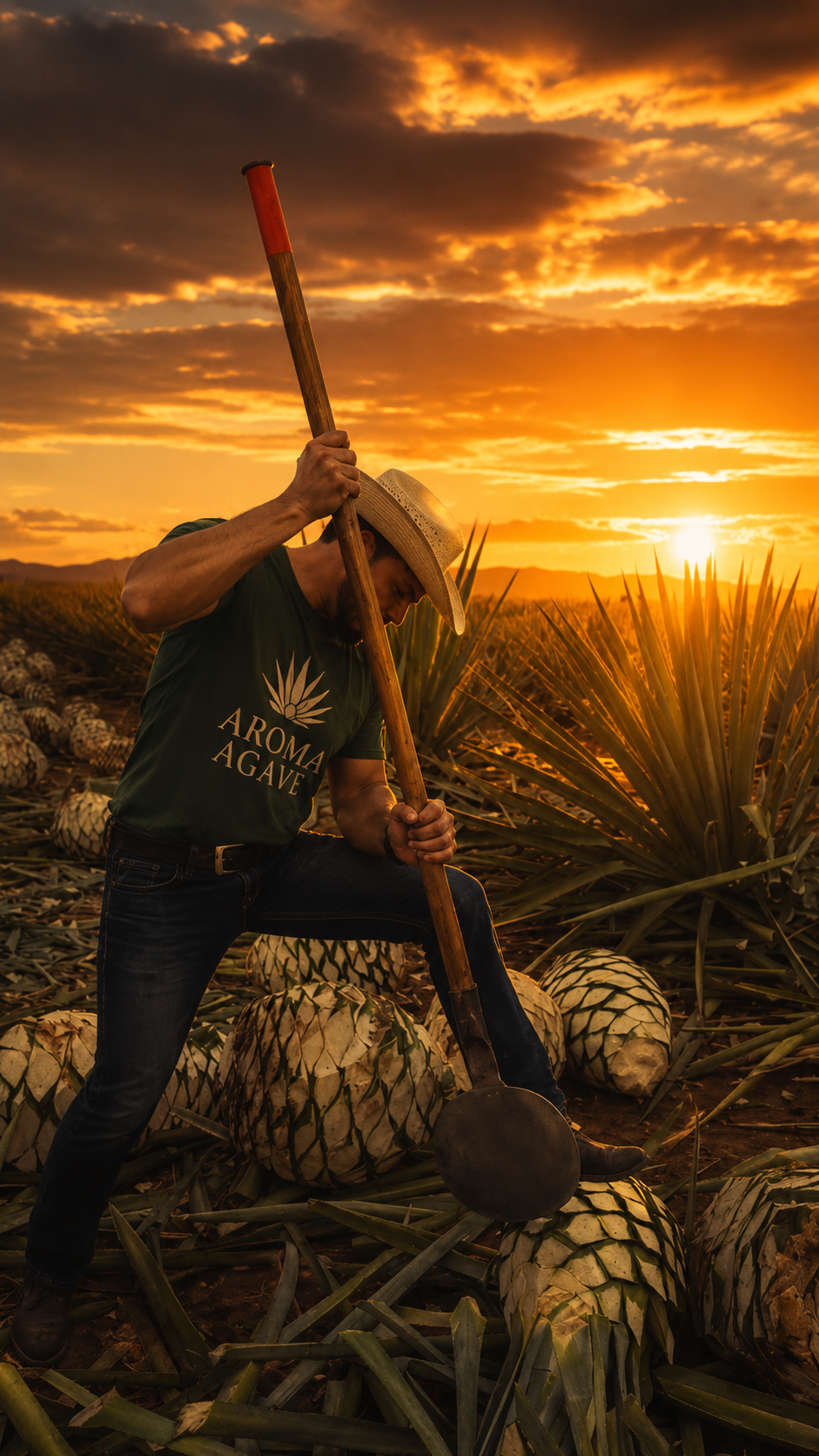 Jimador de Aroma Agave trabajando piñas de maguey Espadín al atardecer en Oaxaca