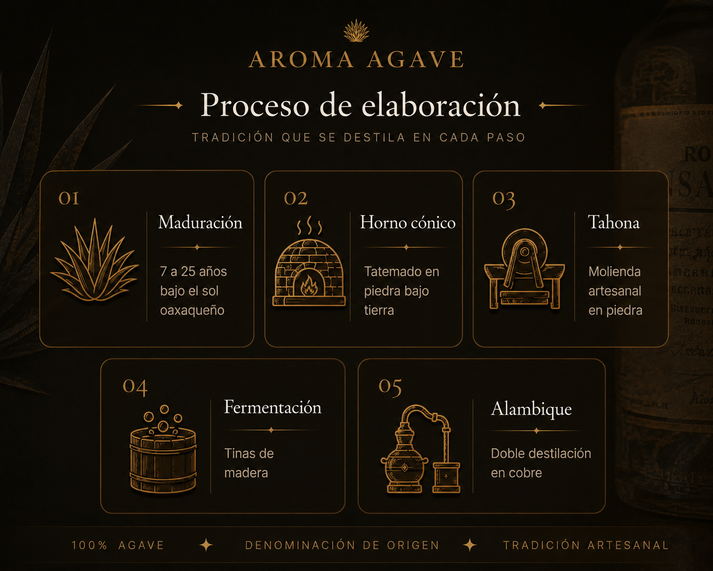 Proceso de elaboración Aroma Agave: maduración, horno cónico, tahona, fermentación y alambique